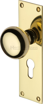 Balmoral Mortice Knob on Euro Profile Plate in Polished Brass